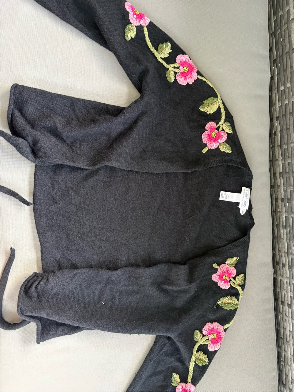Subtle Luxury Black Women's Cardigan with Pink Floral Embroidery